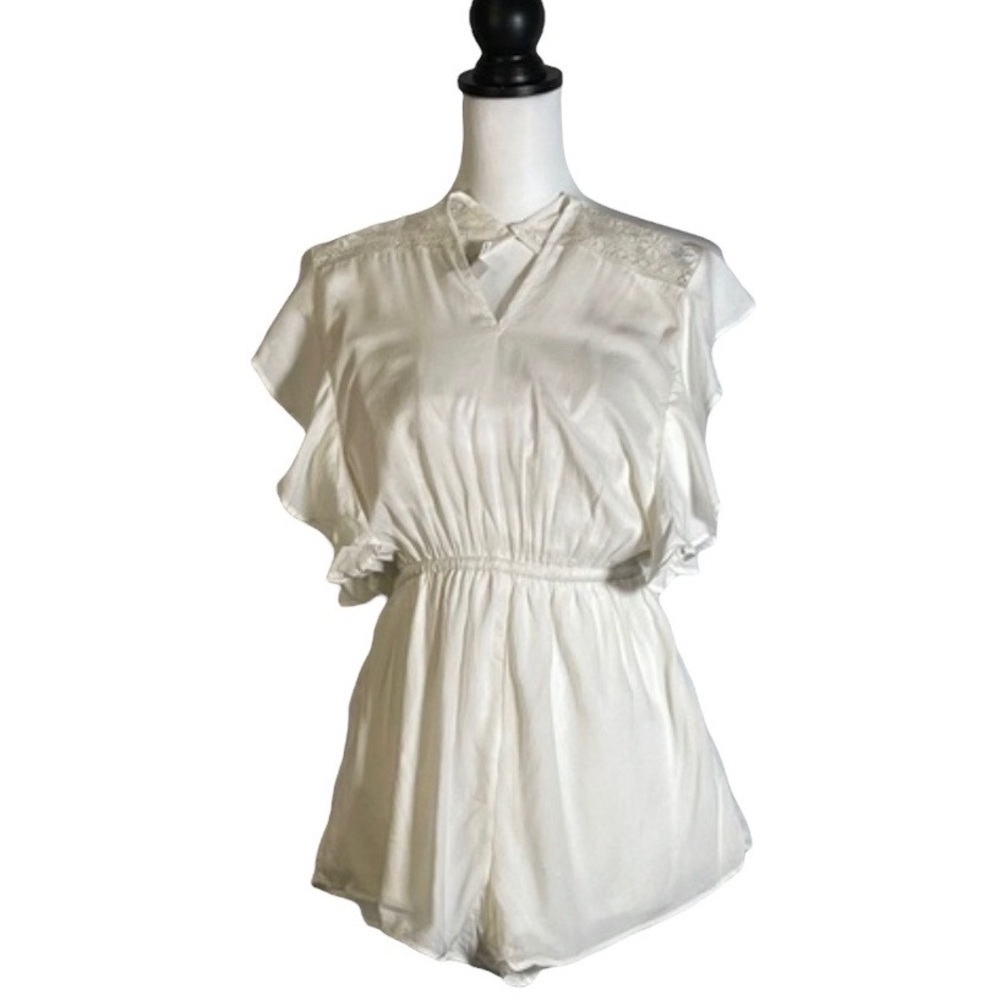 American Eagle Outfitters White V Neck Drawstring Ruffle Short Sleeve Romper XXS